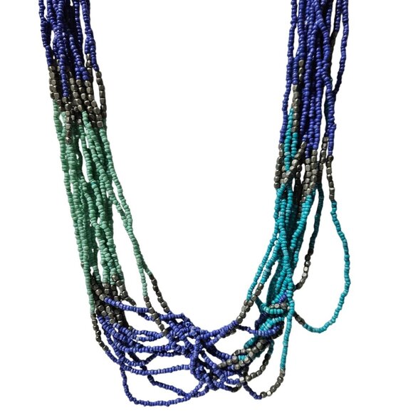 Retro Boho Chic Seed Beaded Necklace Green Blue Purple Beads Fashion Jewelry - Picture 1 of 5